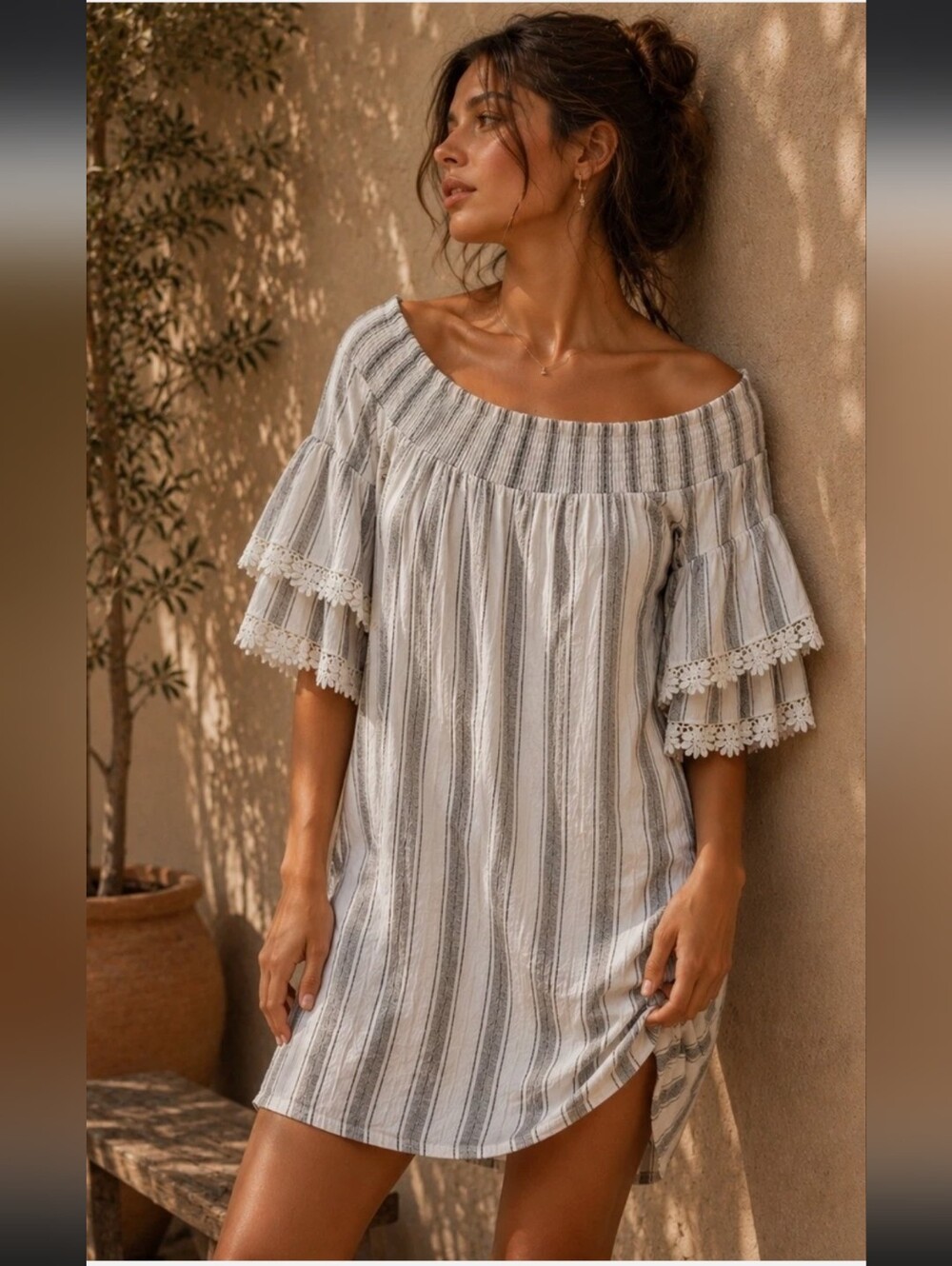 Altered State Grey Striped Off The Shoulder Mini Dress Lace Tiered Sleeve